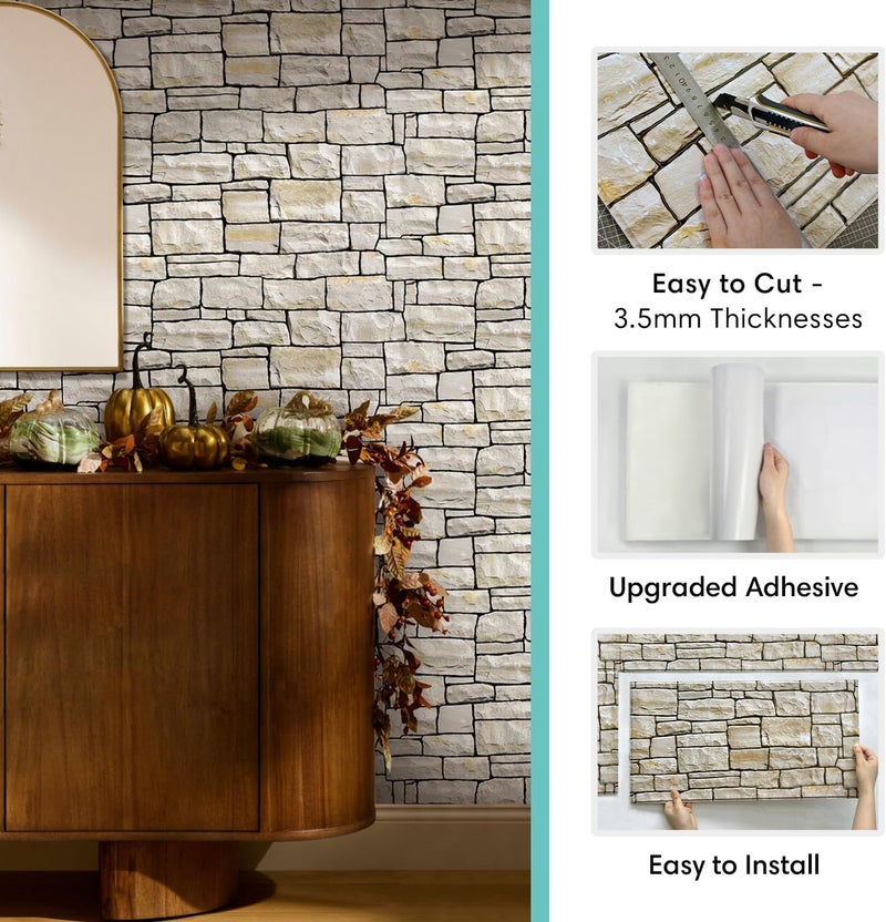 Commomy 12 pcs Faux Stone 3D Wall Panels Peel and Stick - 22.8" x 11.8" Thin & UrltraLight Stone Textured Wall Panel for Interior Tile Kitchen, Bedroom,Living Room,TV Background,RV - Image 4